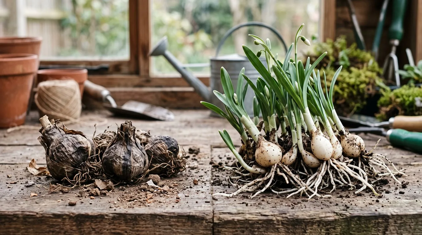 Dry desiccated snowdrop bulbs beside plump green snowdrop divisions in leaf showing the moisture difference