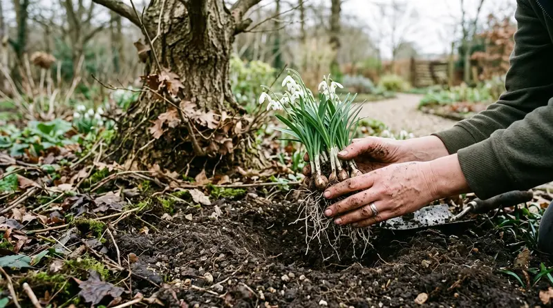 Gardener replanting a divided clump of snowdrops in leaf into damp soil under a bare deciduous tree in a UK garden