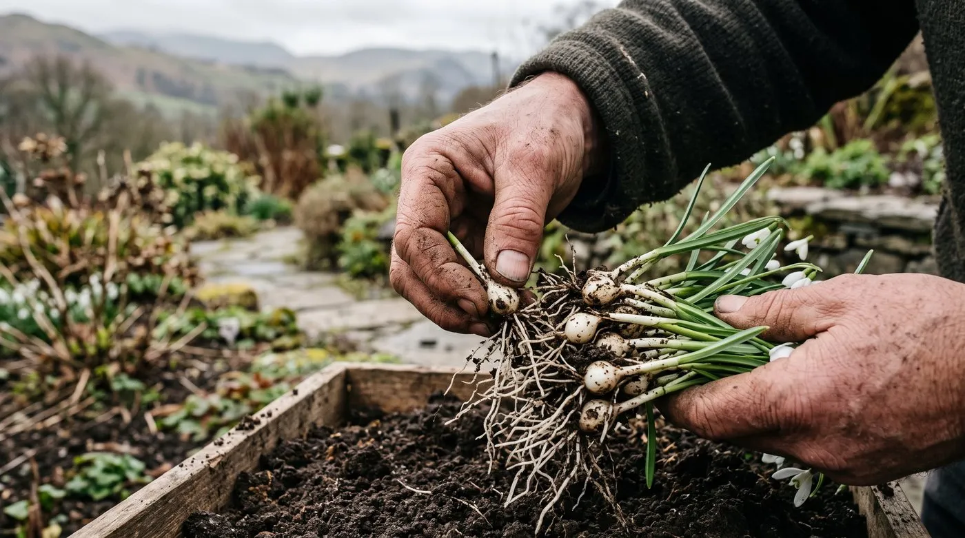 Hands teasing a lifted snowdrop clump apart into single bulbs with live white roots visible over dark soil