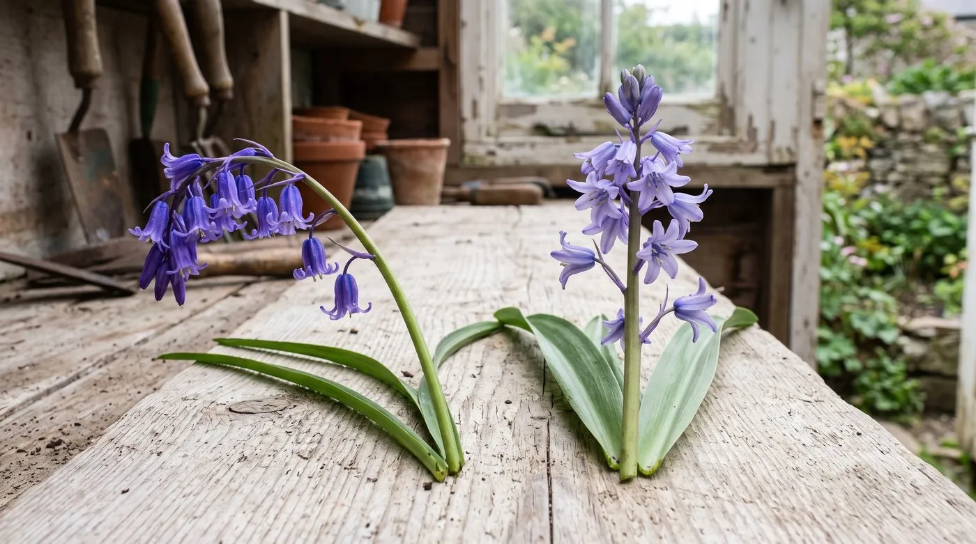 Native English bluebell flower beside a Spanish bluebell showing the narrow one-sided drooping stem against the upright broad-leaved hybrid