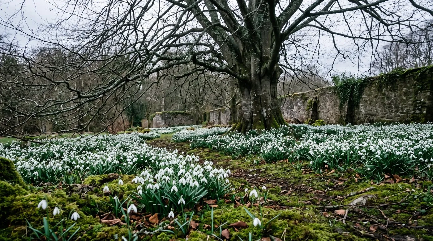 Snowdrops naturalised in a broad drift under a bare beech tree in a Scottish woodland garden in early spring
