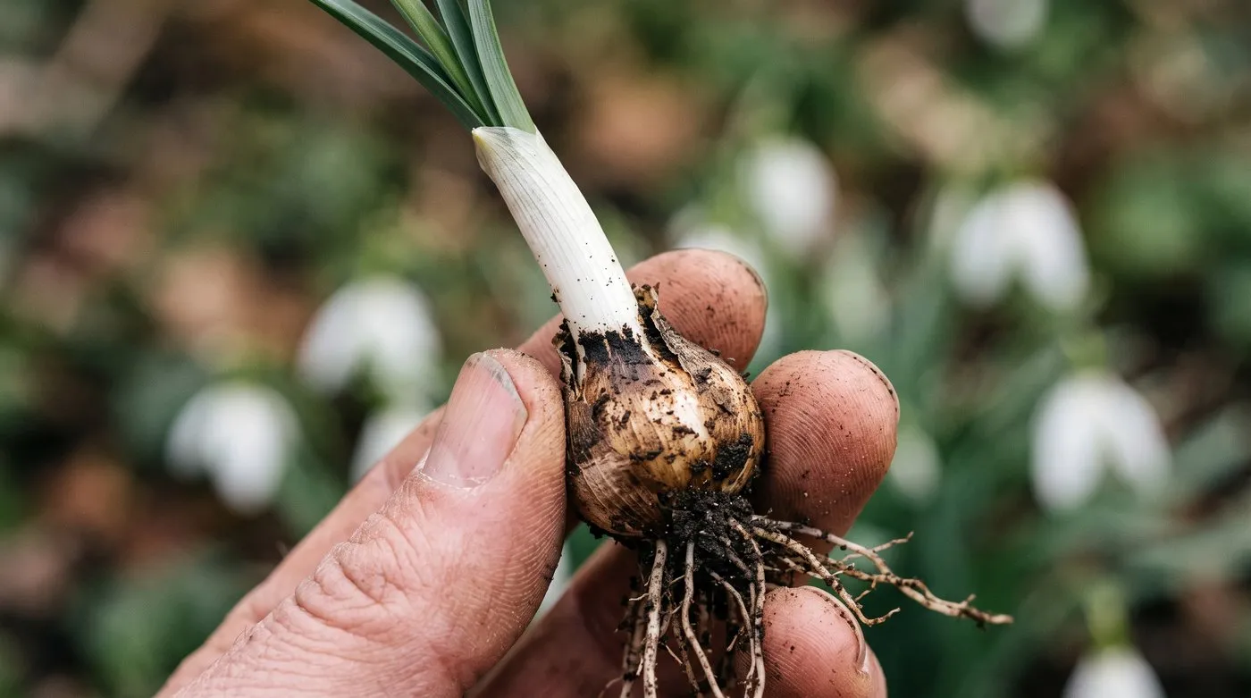 Close-up of a single snowdrop bulb held to show the pale soil mark band where the white stem base meets the green leaf