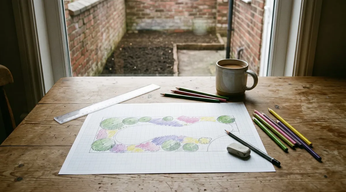 Hand-drawn planting plan on graph paper with shaded drifts and shrub circles beside pencils and a ruler