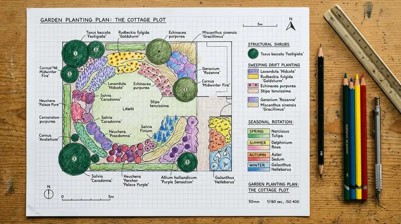 UK planting plan hand-drawn on graph paper with structural shrubs and drift planting