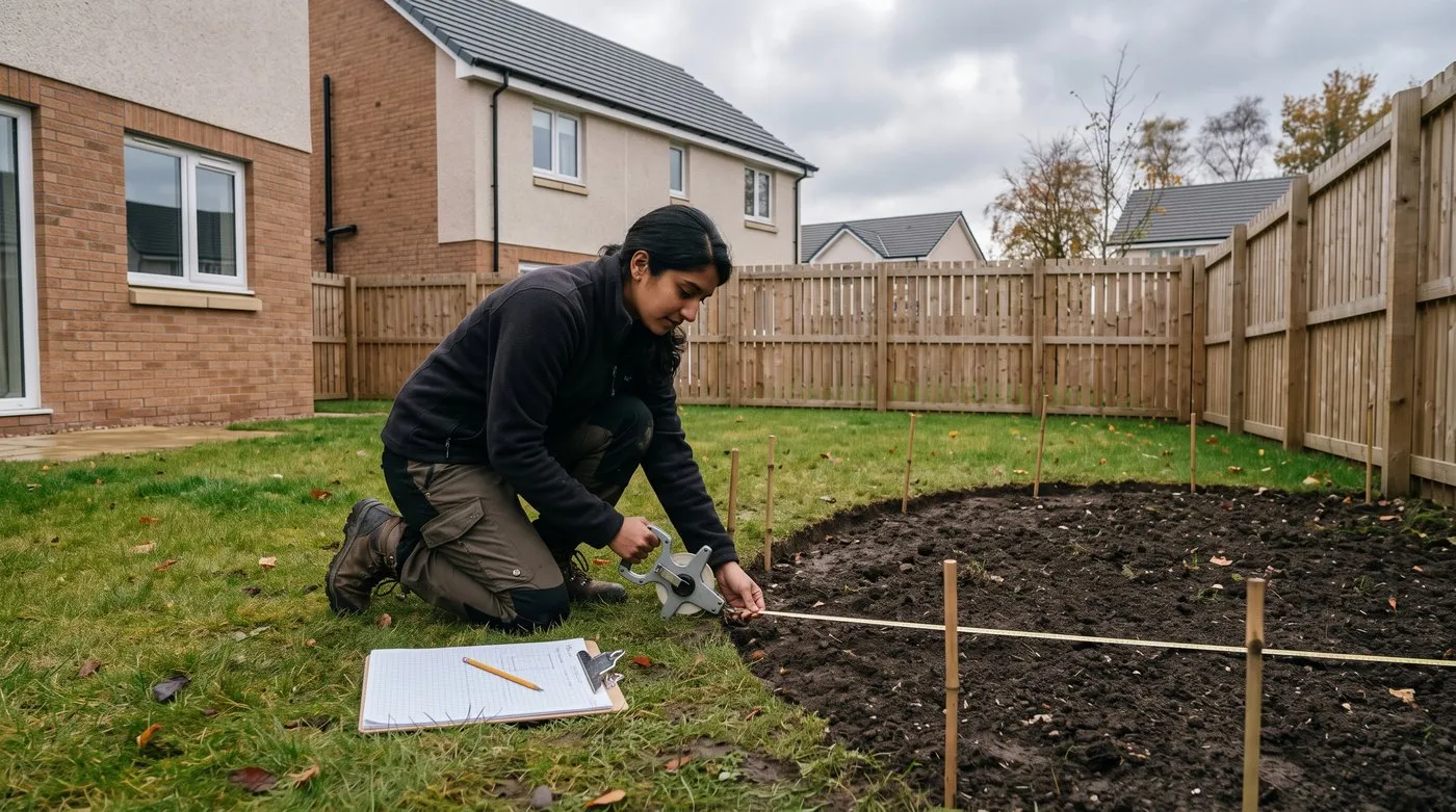 Woman measuring the depth of an empty border with a tape measure, with graph paper on a clipboard beside her