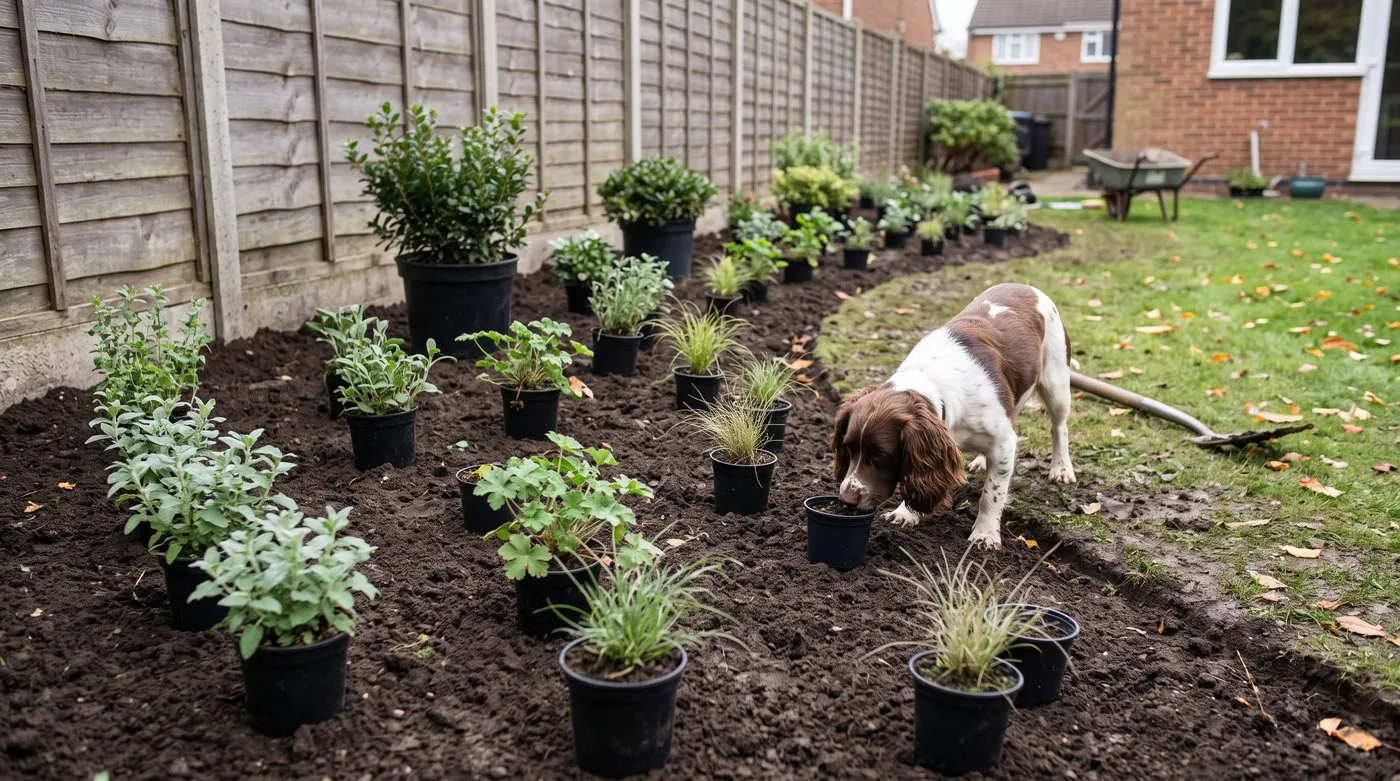 Young perennials in pots set out in groups on a prepared border, with a spaniel sniffing at one pot