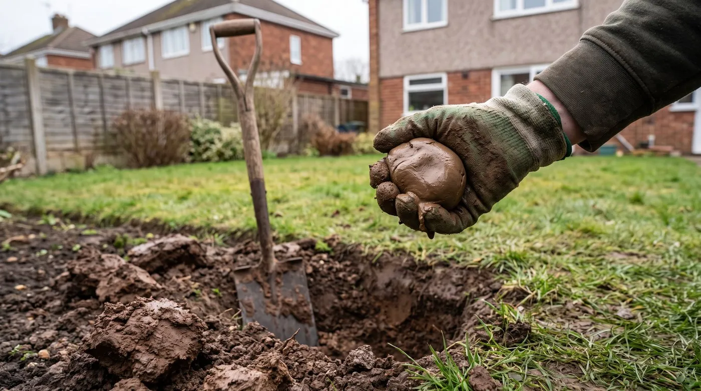 Gloved hand squeezing damp clay soil into a sticky ball beside a small test hole in an empty border