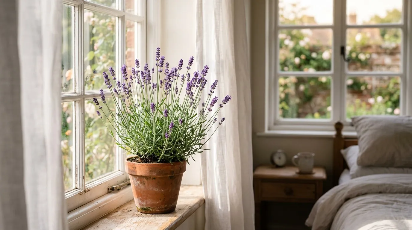 Bedroom plants potted lavender on a bright windowsill in a UK home