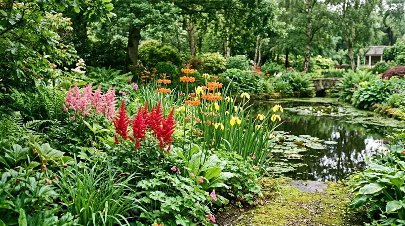 Astilbe, candelabra primulas and flag iris in flower at a damp pond edge in a UK garden