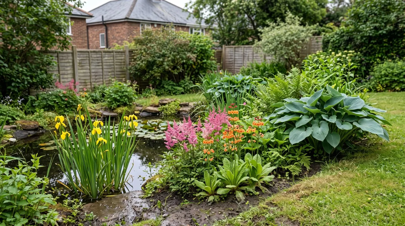 Damp border by a pond with flag iris in the water, astilbe and primulas in wet soil and hostas on the drier edge