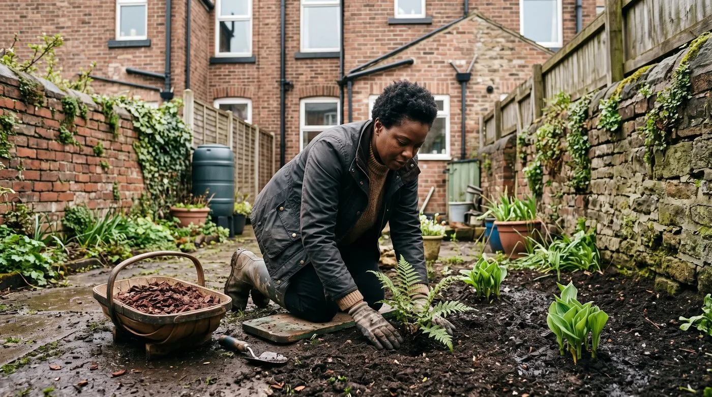 Gardener kneeling on a board to plant a young astilbe into wet, compost-rich soil in spring
