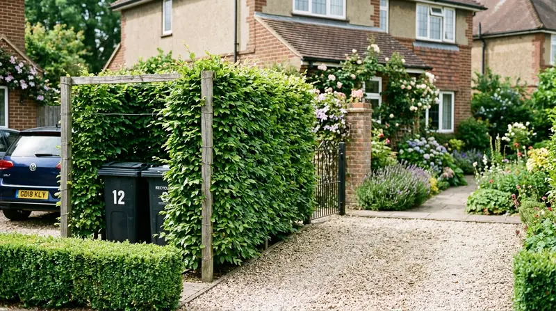 A pleached hornbeam panel hides two black wheelie bins beside a UK suburban driveway in a neat formal screen