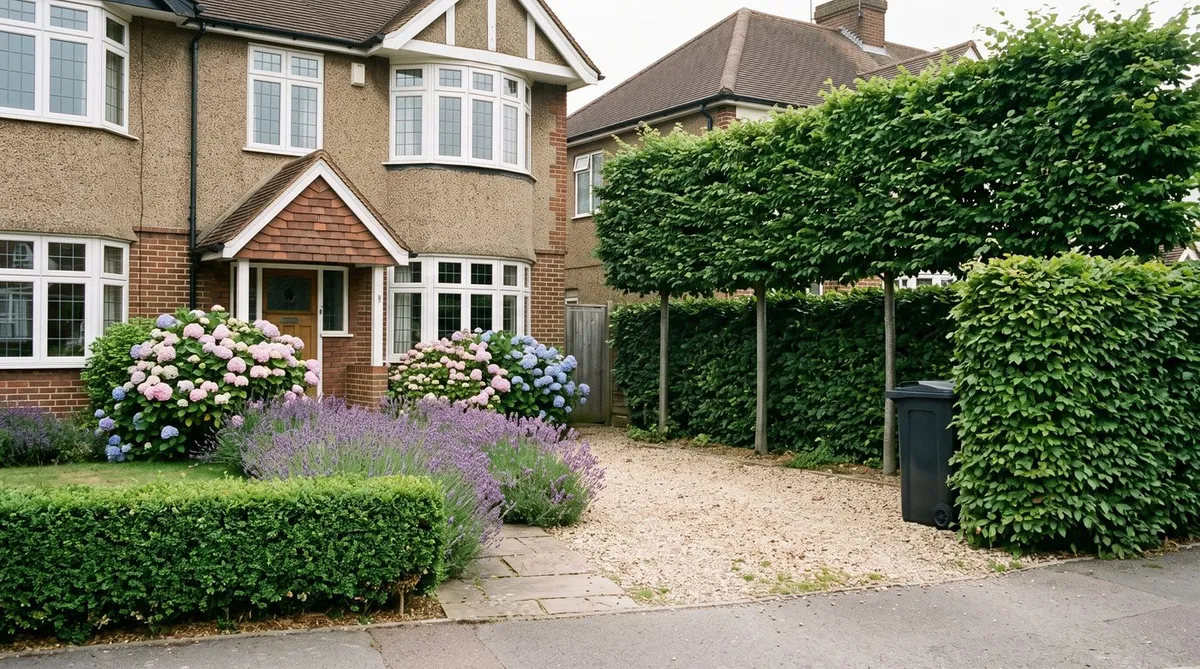Pleached hornbeam screen above a clipped hedge by a gravel drive, with a wheelie bin tucked between the hedges