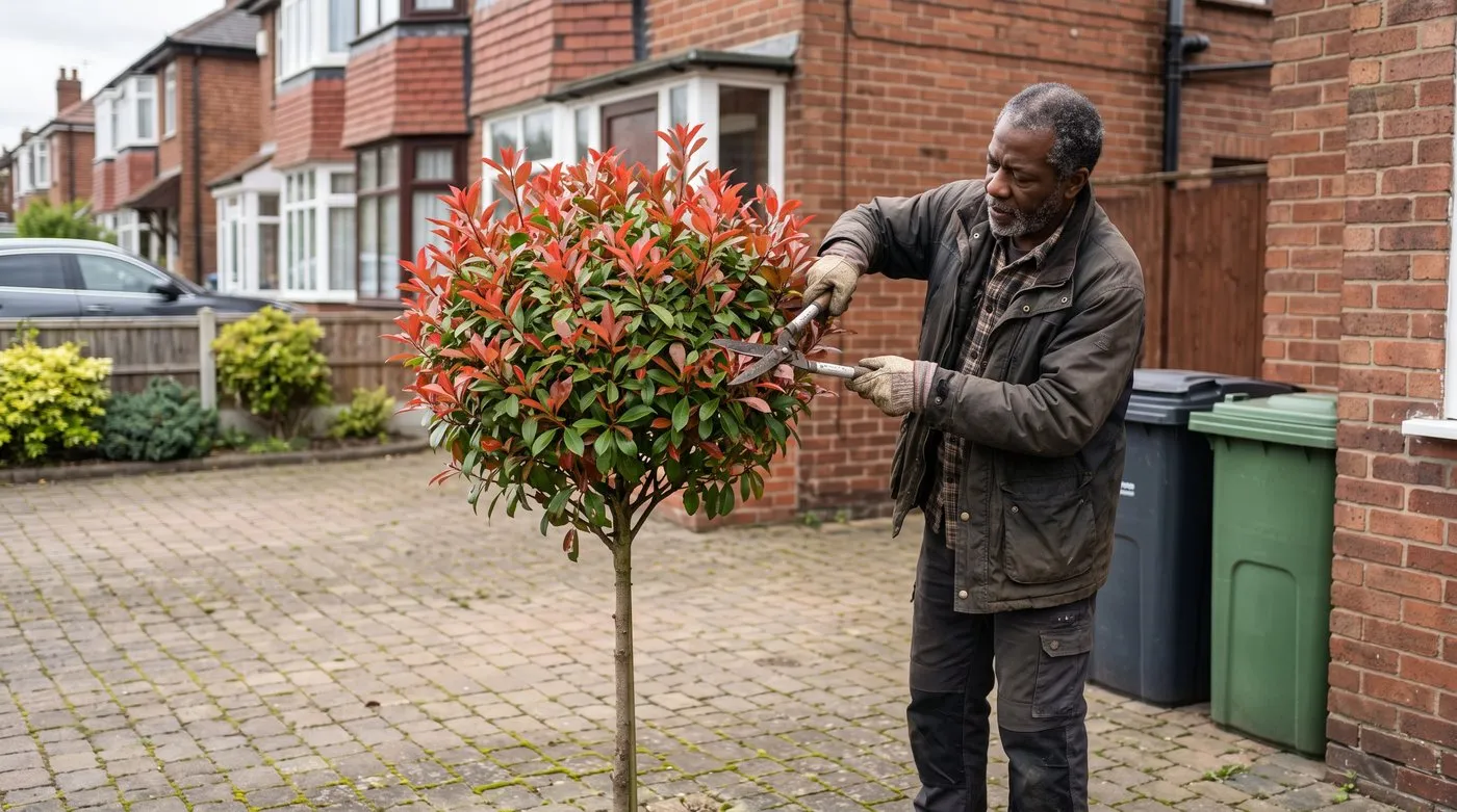 Gardener trimming a lollipop Photinia Red Robin standard beside wheelie bins on a drive