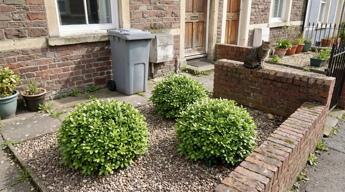 Rounded Pittosporum mounds in a small gravel front garden, with a wheelie bin by the wall and a cat on top