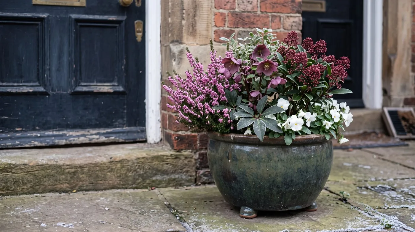 Winter pot of pink heather, plum hellebore, red-budded skimmia and violas flowering by a frosty front door