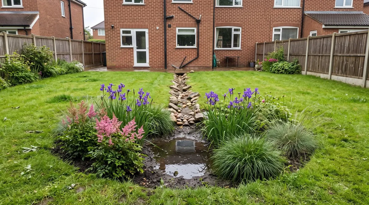 Rain garden of iris, sedge and astilbe set in a lawn, fed by a stone channel from the house downpipe
