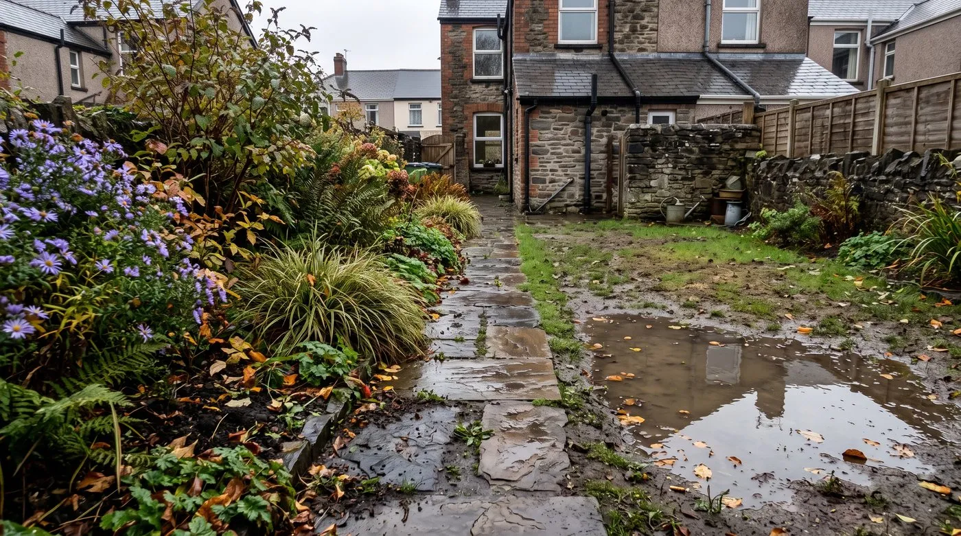 Dense planted border with no puddles beside a compacted lawn with standing water after rain