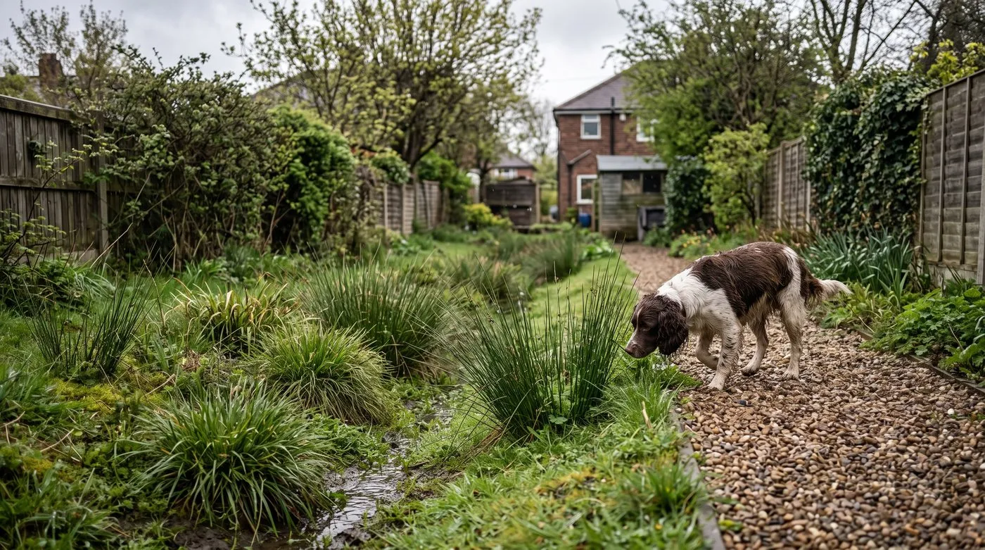Planted swale of soft rush and sedge beside a gravel path, with a spaniel walking alongside