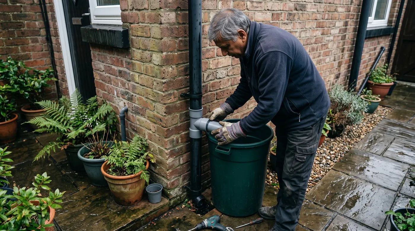 Man connecting a downpipe diverter to a water butt in a small courtyard garden