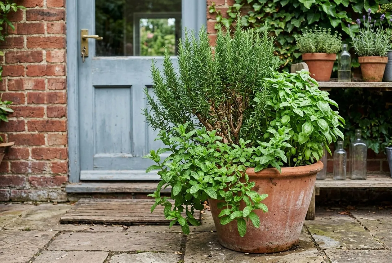 A large terracotta doorway pot planted with rosemary, mint and basil beside a UK kitchen back door