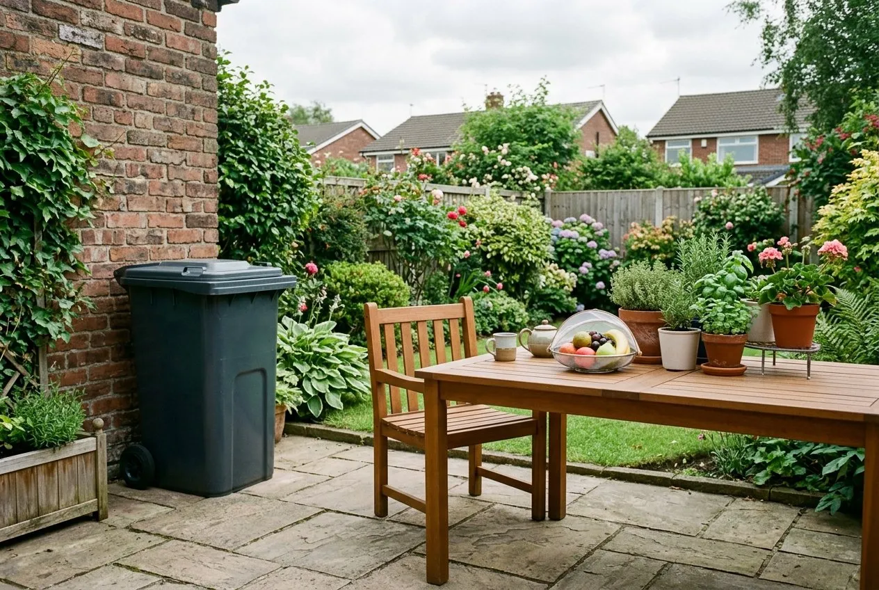 A UK patio with a sealed wheelie bin, a covered fruit bowl on a clean table and herb pots nearby