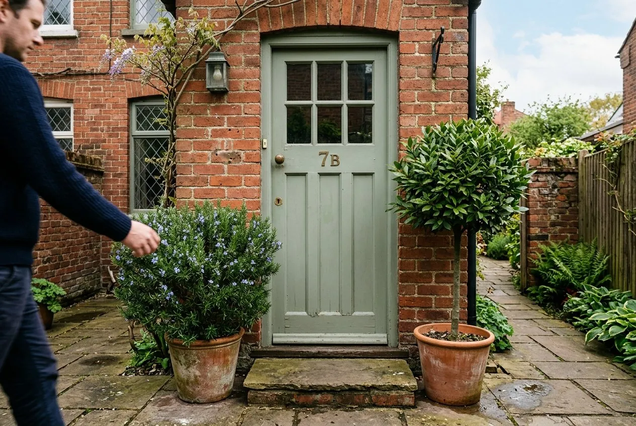 Pots of rosemary and bay flanking a back door on a UK patio, positioned so people brush the leaves passing through
