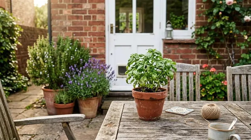 A UK patio table with a bruised basil centrepiece and pots of rosemary and lavender by the back door in summer