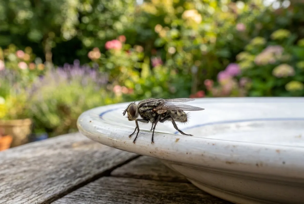 A common grey house fly resting on the rim of a plate on an outdoor UK patio table