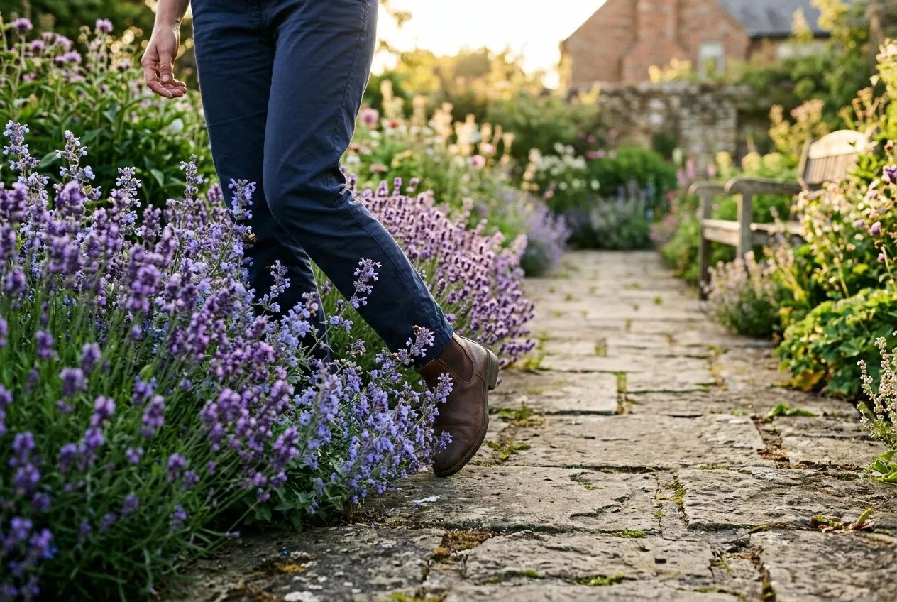 A low row of purple lavender and blue catmint spilling onto a stone path edge in a UK back garden