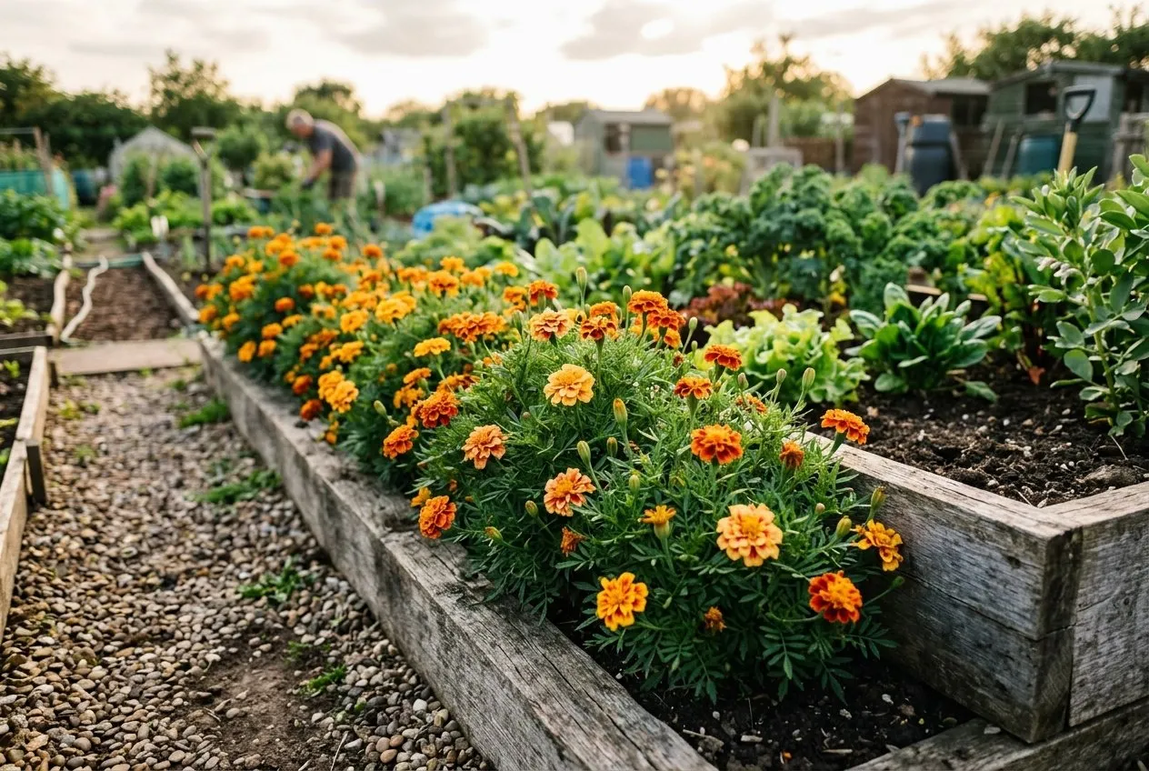 French marigolds edging a raised vegetable bed on a UK allotment plot in high summer