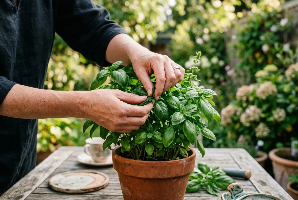 Hands pinching fresh basil leaves from a potted plant on a UK patio table to release the scent