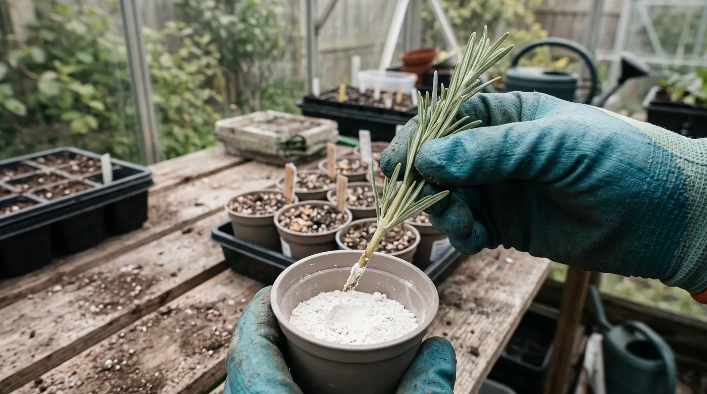 Gloved hand dipping the base of a rosemary cutting into rooting powder on a greenhouse bench
