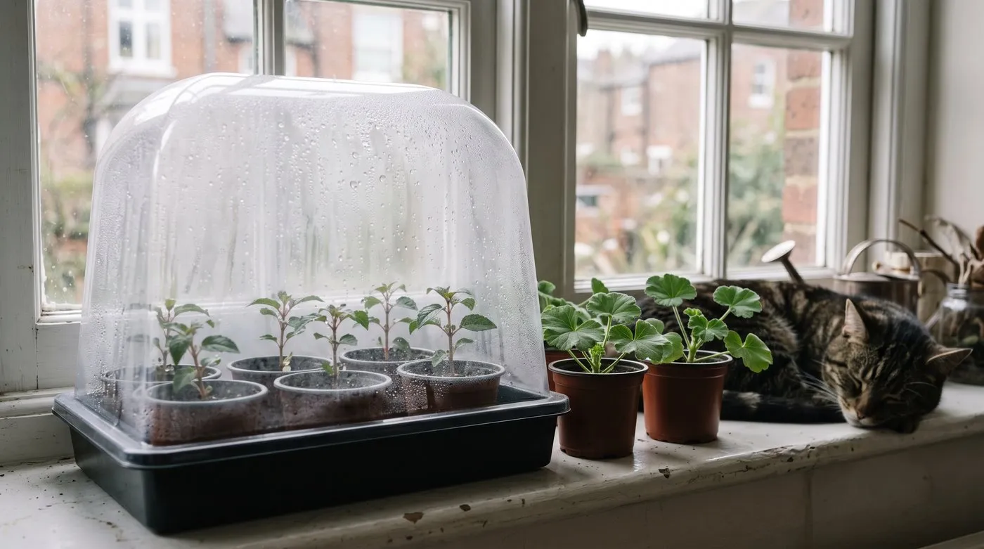 Fuchsia cuttings under a clear cover and uncovered pelargonium cuttings on a windowsill with a cat
