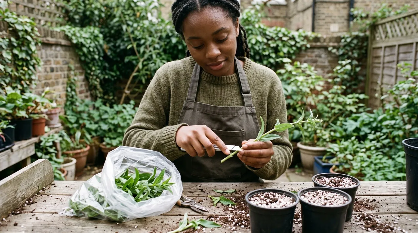 Gardener trimming a penstemon cutting below a leaf joint next to pots of compost mixed with perlite