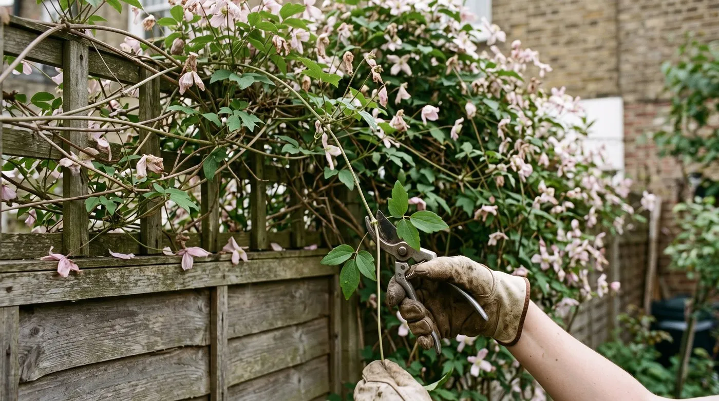 Overgrown Clematis montana on a fence being trimmed back with secateurs after flowering
