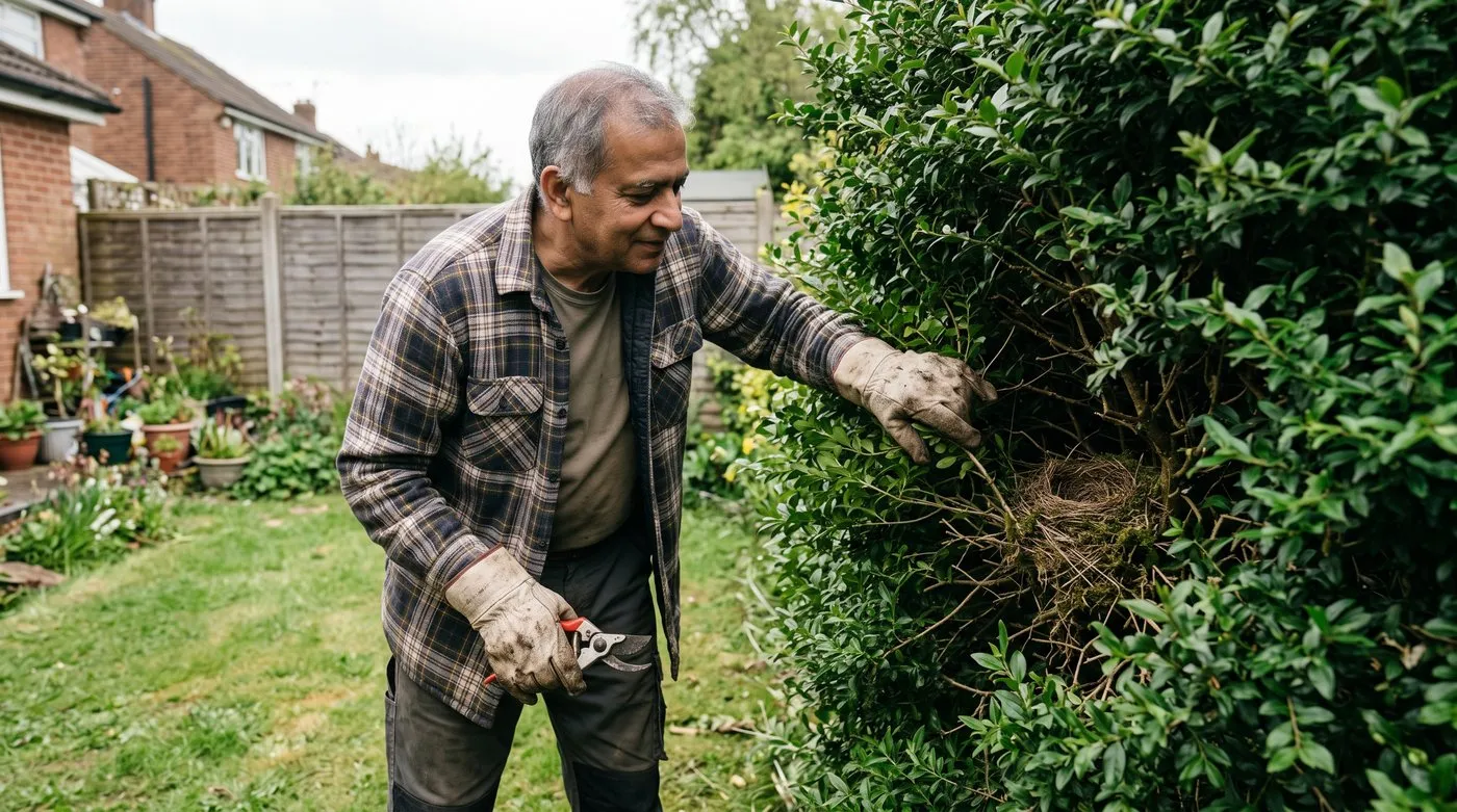 Gardener parting the branches of a shrub to check for a bird nest before pruning in May