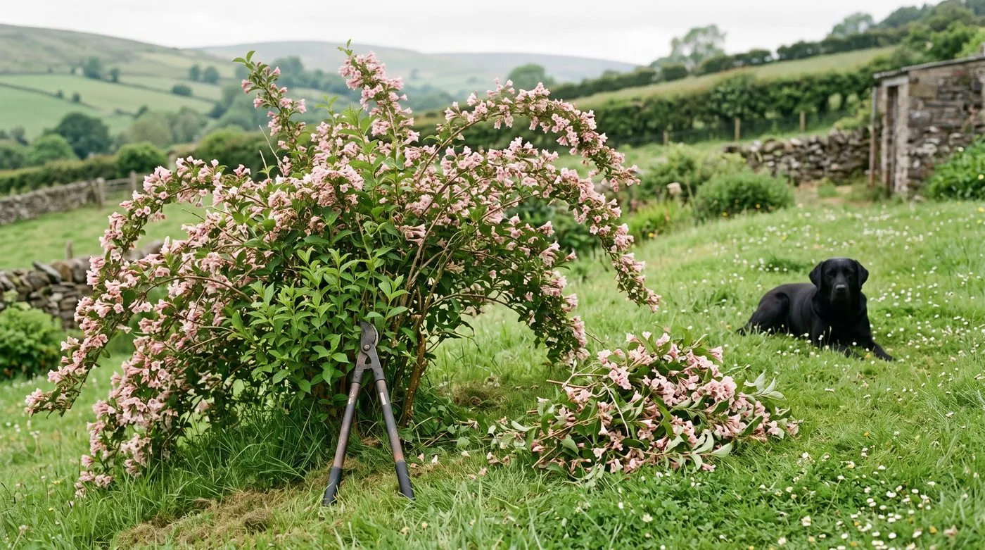 Weigela shrub with faded pink flowers and a pile of pruned stems on the lawn beside it, a dog nearby