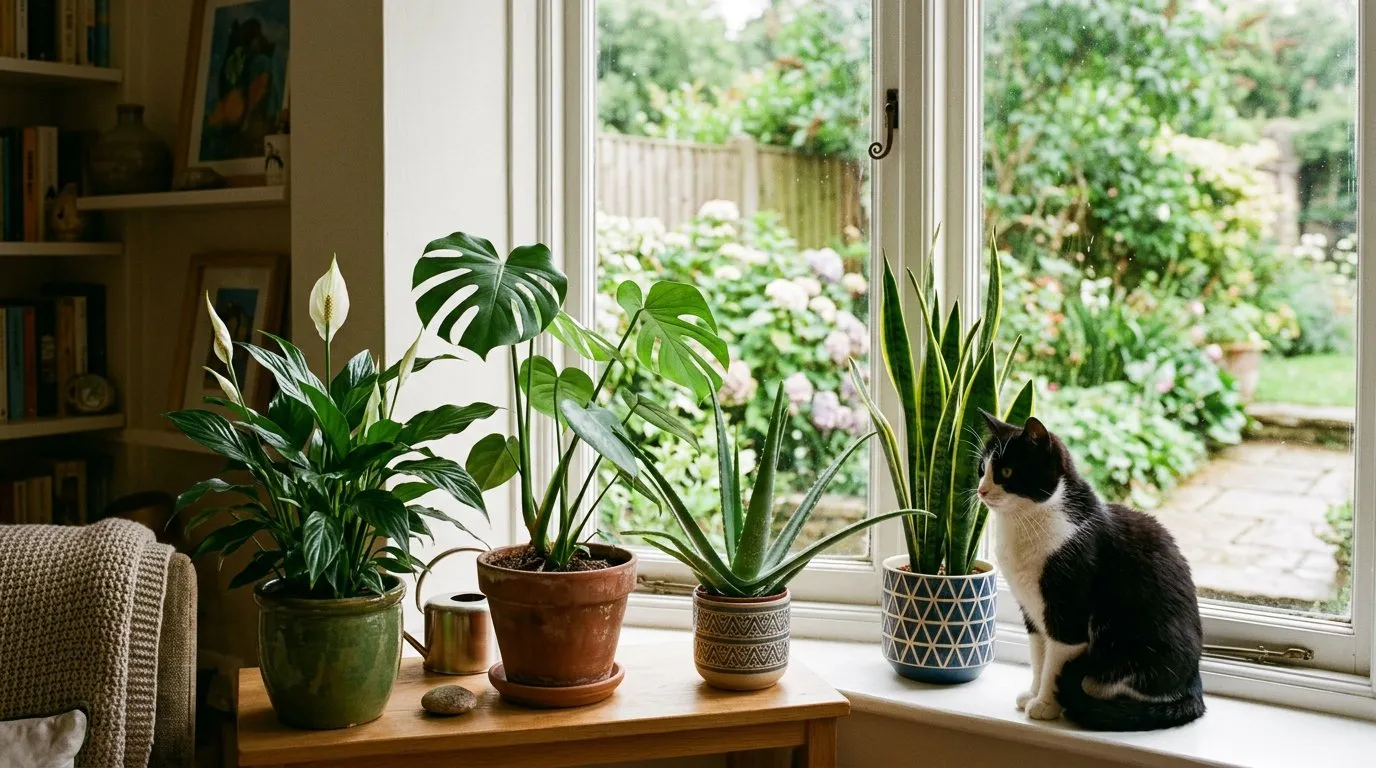 UK living room windowsill with toxic houseplants including peace lily, monstera and aloe vera with a black and white cat