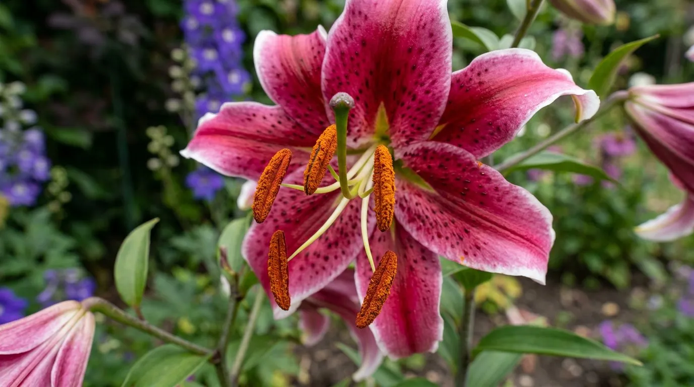 Oriental lily toxic to cats with visible orange pollen on the stamens in a UK garden