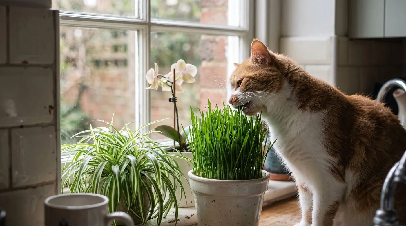 Indoor cat nibbling a pot of cat grass on a kitchen windowsill