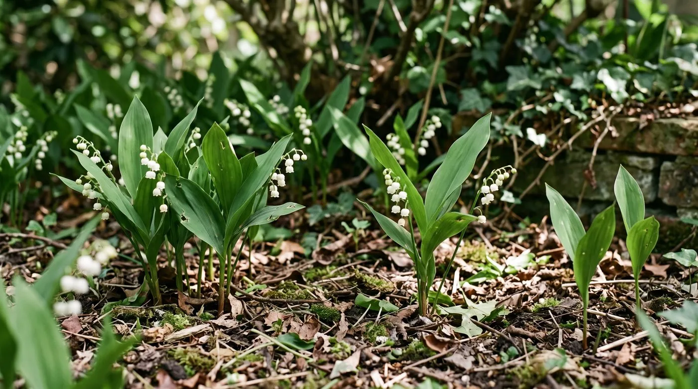 Lily of the valley with white bell flowers and broad paired leaves in a shady border