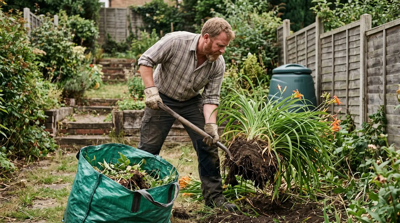 Man digging up daylilies from a border and bagging them to make the garden safer for cats
