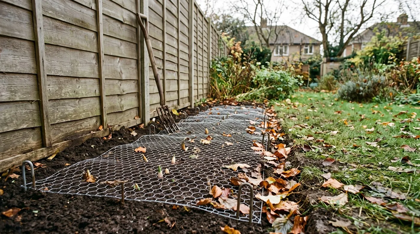 Chicken wire pinned flat over a newly planted bulb bed to stop dogs digging up the bulbs