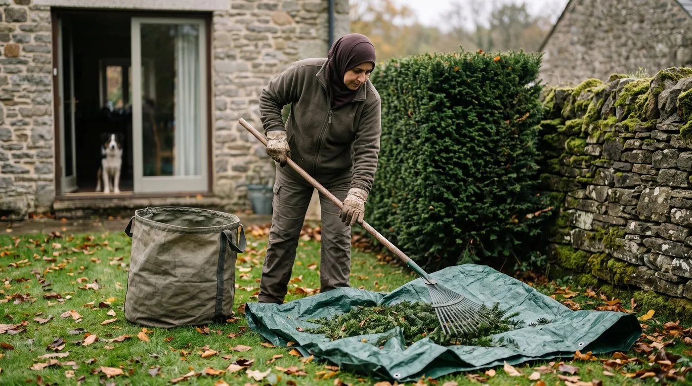 Woman raking yew hedge clippings onto a sheet while her dog waits safely indoors