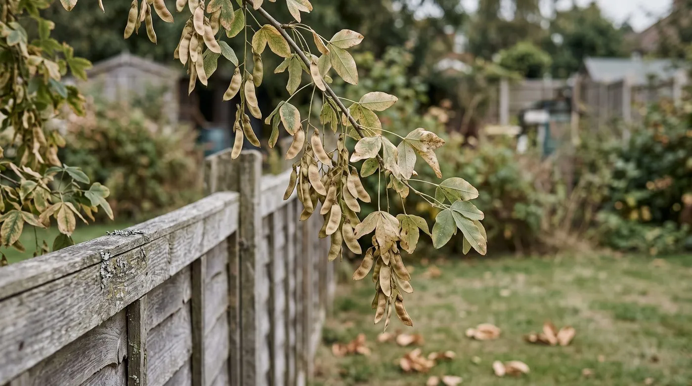 Laburnum seed pods that look like small beans hanging from a branch over a garden fence