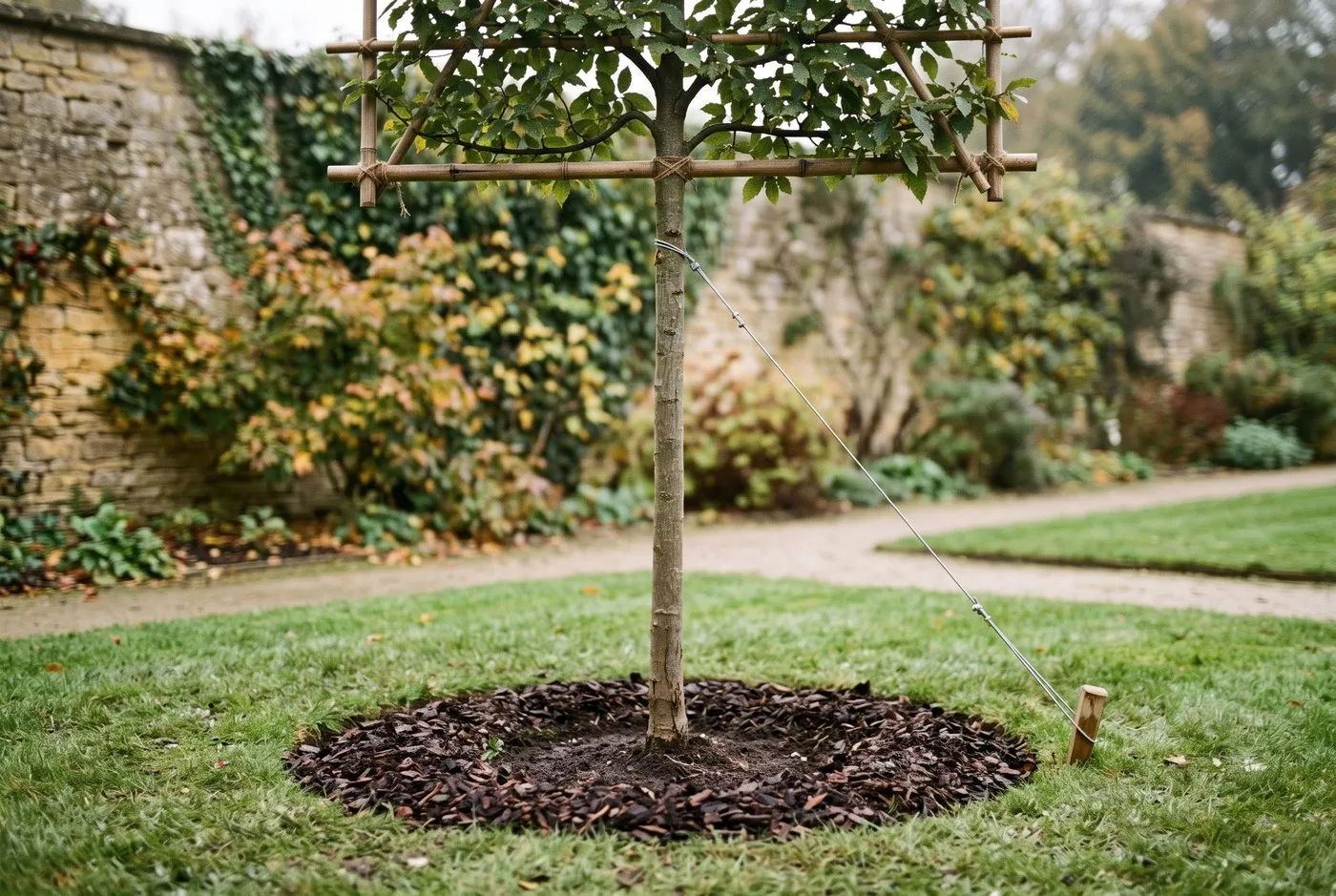 Pleached tree anatomy: clear stem, rootball, angled stakes and bamboo frame in a suburban back garden