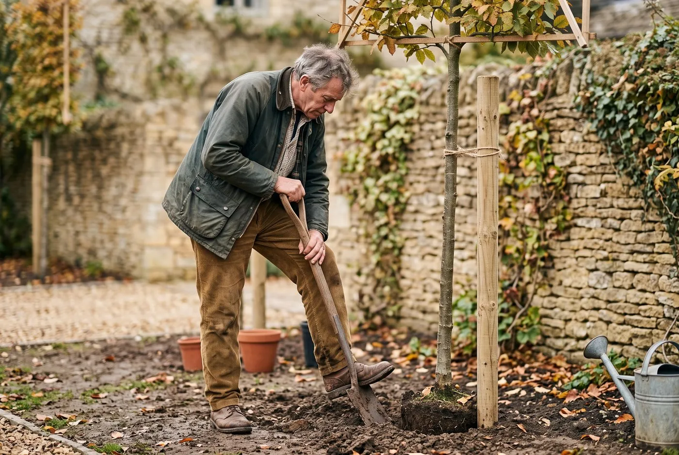 An older man planting a pleached tree beside a stone wall, backfilling around the staked rootball with a spade
