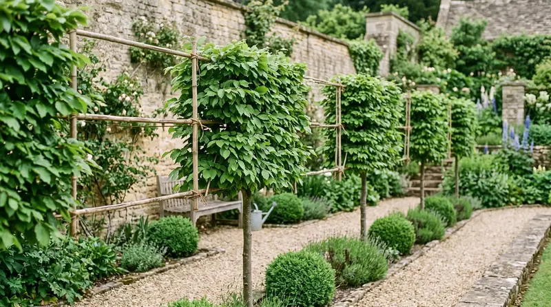 A row of pleached hornbeam trees beside a stone garden wall, clear stems below flat trained panels of leaves