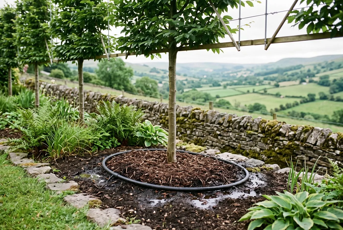 A leaky pipe irrigation ring around a mulched pleached tree in a hillside garden behind a dry stone wall